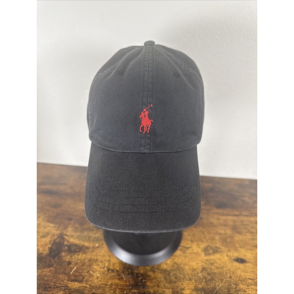 Polo Ralph Lauren Black Baseball Cap Red Pony Logo Leather Strap Adjustable OSFM